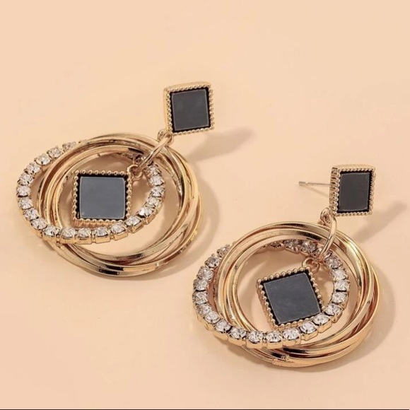 Golden/Black Round Layered Drop Earrings with Rhinestones - Picture 2 of 3